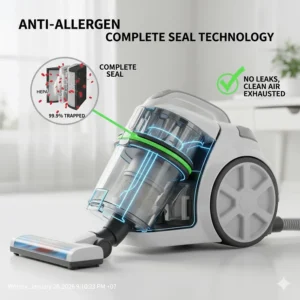 Diagram showing a completely sealed vacuum system ensuring 99.9% of dust and allergens are not exhausted back into the room.