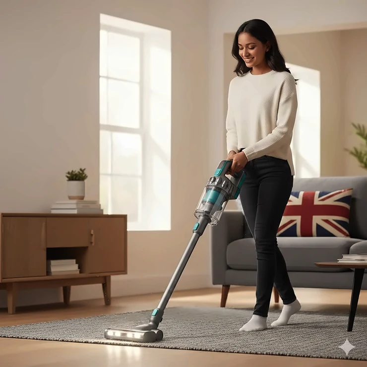 Alt text for image 1 (Hero): A person using a lightweight budget cordless vacuum under £150 to clean a grey carpet in a modern UK living room with a Union Jack cushion in the background. Budget Cordless Vacuum Under £150