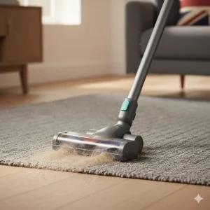 Alt text for image 6 (Pet Hair): A cordless vacuum brush head effectively removing pet hair and dander from a grey rug in a UK household.