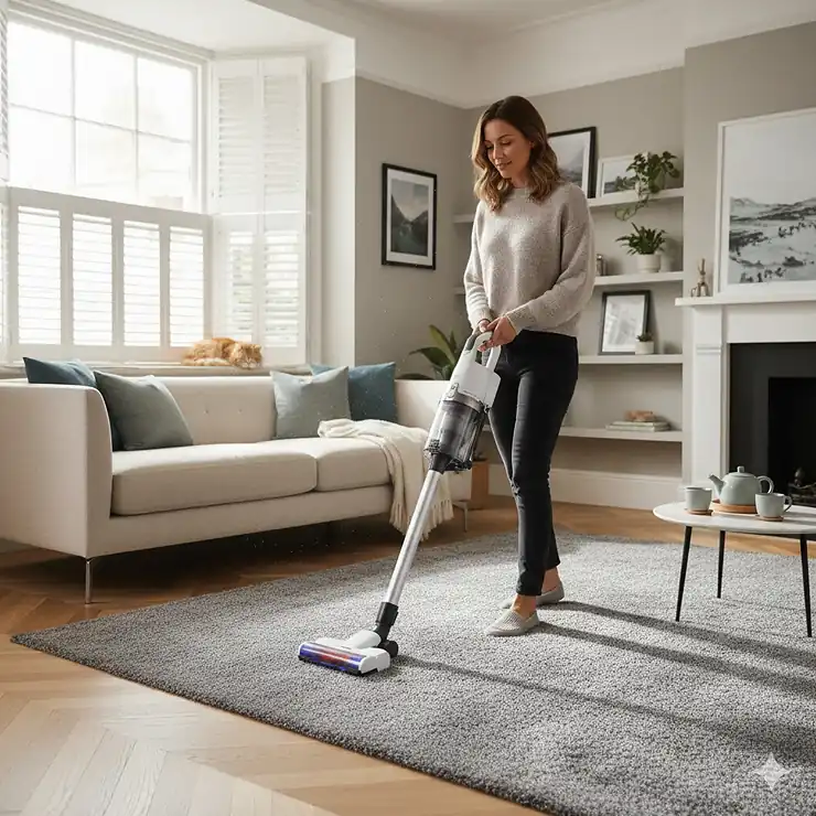 A person using a cordless upright vacuum cleaner on a grey wool carpet in a modern British living room to remove allergens. Vacuum for Allergies and Asthma