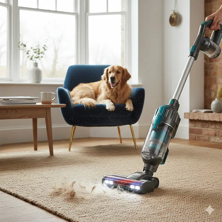 A cordless vacuum cleaner removing golden retriever hair from a grey wool carpet in a modern UK living room. Vacuum for Pet Hair Robot Vacuum Cleaner