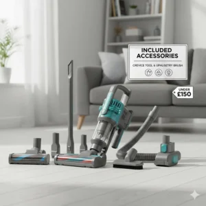 Alt text for image 9 (Accessories): A budget cordless vacuum laid out with its included accessories, including a crevice tool and upholstery brush, priced under £150.
