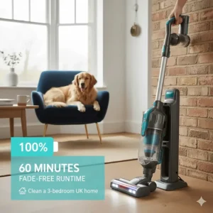 An icon showing 60 minutes of fade-free runtime, enough to deep clean a three-bedroom UK house of pet hair.
