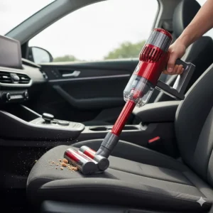Cleaning crumbs from car seats using a Dyson cordless vacuum with the crevice tool attachment.