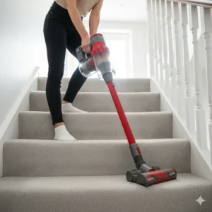 Using a Dyson cordless vacuum in handheld mode to clean carpeted stairs.