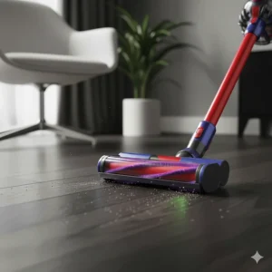 The fluffy cleaner head of a Dyson cordless vacuum gliding over dark wood flooring.