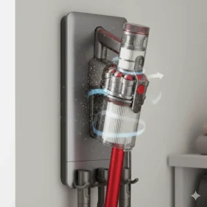 Diagram showing the HEPA filtration system of a Dyson cordless vacuum capturing microscopic dust.