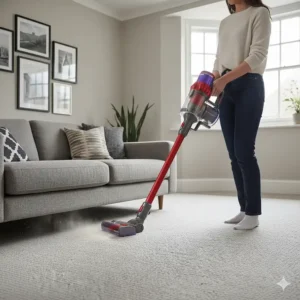 The low-profile design of a Dyson cordless vacuum reaching underneath a sofa.