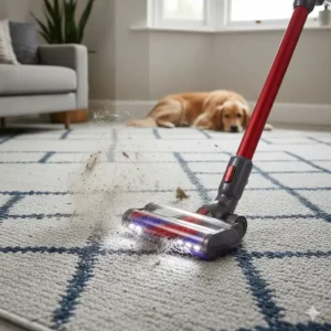 Close-up of a Dyson cordless vacuum removing dog hair from a patterned rug.