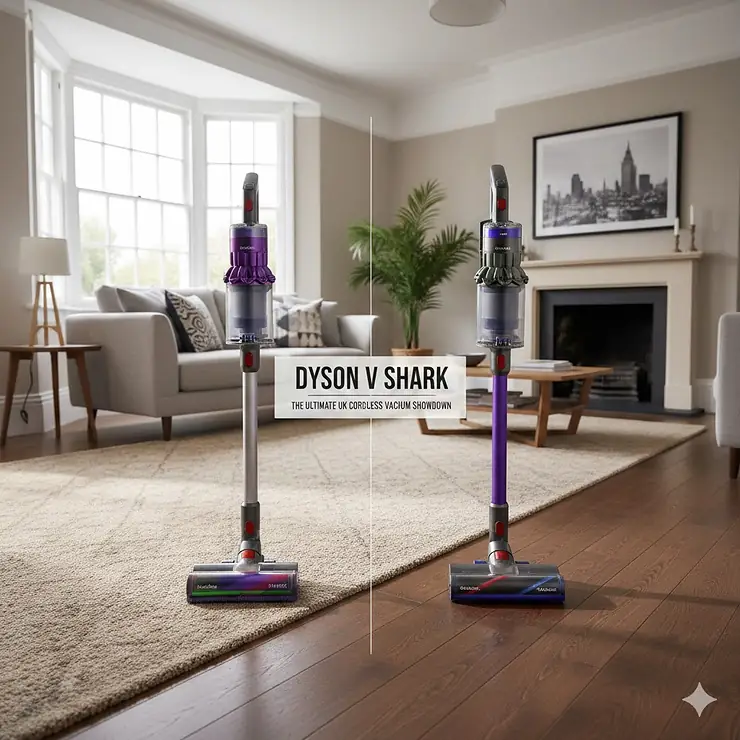 A side-by-side comparison of a Dyson and a Shark cordless vacuum cleaner in a bright, modern British living room with a fireplace. Dyson vs Shark Cordless Vacuum