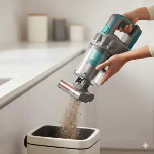 Alt text for image 5 (Emptying): A person demonstrating the easy-empty bagless bin of a budget cordless vacuum by releasing dust directly into a kitchen bin.