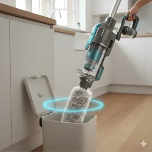 Illustration demonstrating a one-touch hygienic bin emptying system for disposing of collected pet fluff into a UK kitchen bin.