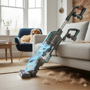 A vacuum cleaner with a flexible wand reaching pet hair dust bunnies underneath a low-profile sofa.