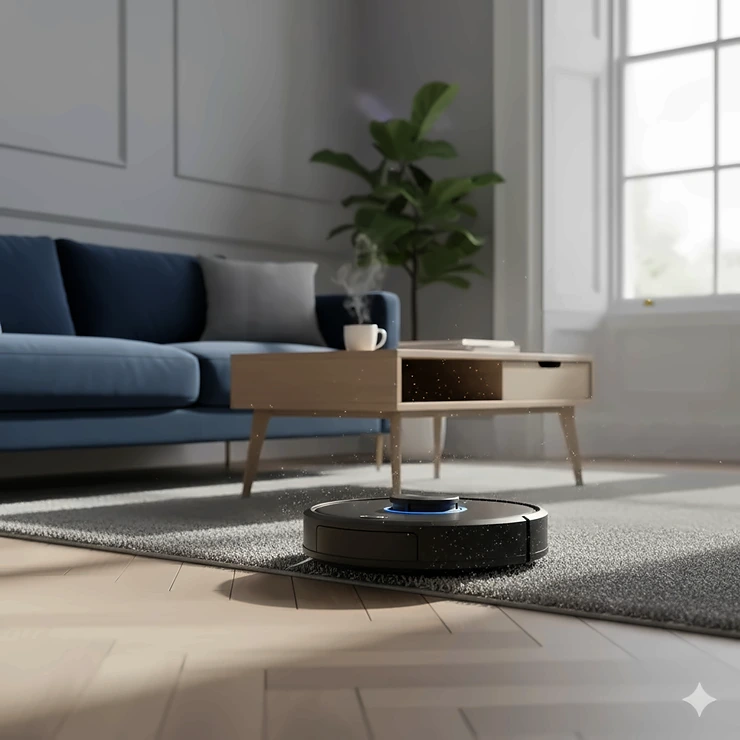 Alt text for image 1: A modern robot vacuum cleaner cleaning a light oak timber floor in a bright British living room. Robot Vacuum Cleaner