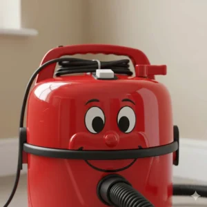 Close-up of the iconic smiling face on a Henry vacuum cleaner, highlighting the manual cable rewind handle.