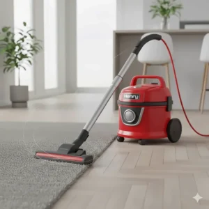 A Henry vacuum cleaner being used on both plush carpet and kitchen laminate flooring to demonstrate multi-surface versatility.