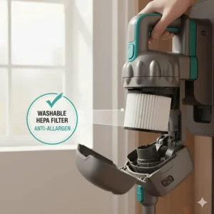 Alt text for image 8 (Filter): A close-up showing the removable and washable HEPA filter of a cordless vacuum, highlighting anti-allergen features for British homeowners.
