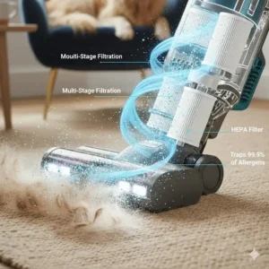 Illustration of a multi-stage HEPA filtration system trapping 99.9% of pet allergens and microscopic dust particles.