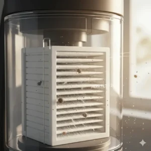 Close-up illustration of a medical-grade HEPA filter trapping microscopic dust mites and pollen particles inside a vacuum canister.