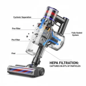 A technical cross-section diagram showing the HEPA filtration and cyclonic separation system of a modern cordless vacuum cleaner.