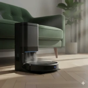 Alt text for image 7: A robot vacuum cleaner returning to its automatic self-emptying base station against a neutral wall.