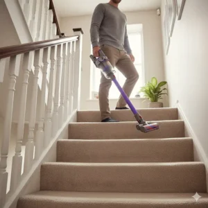 A man effortlessly hoovering a flight of carpeted stairs in a UK home using a lightweight purple cordless stick vacuum.