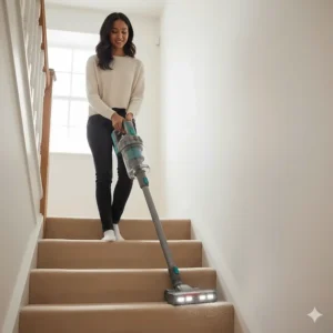 Alt text for image 4 (Stairs): A woman easily carrying and using a cordless stick vacuum to clean carpeted stairs in a typical British home.