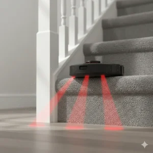 Alt text for image 5: Close-up of a robot vacuum cleaner’s sensors detecting the edge of a carpeted staircase to prevent falling.