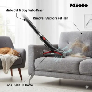 A Miele Cat and Dog vacuum attachment efficiently removing pet hair from upholstery in a clean British home.