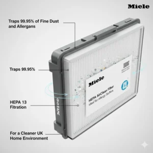 A detailed view of the Miele HEPA AirClean filtration system, designed to capture fine dust particles in UK homes.