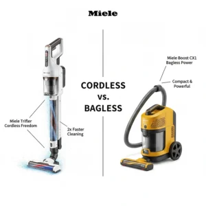 A high-quality comparison image of a Miele cordless stick vacuum and a traditional bagged cylinder model.