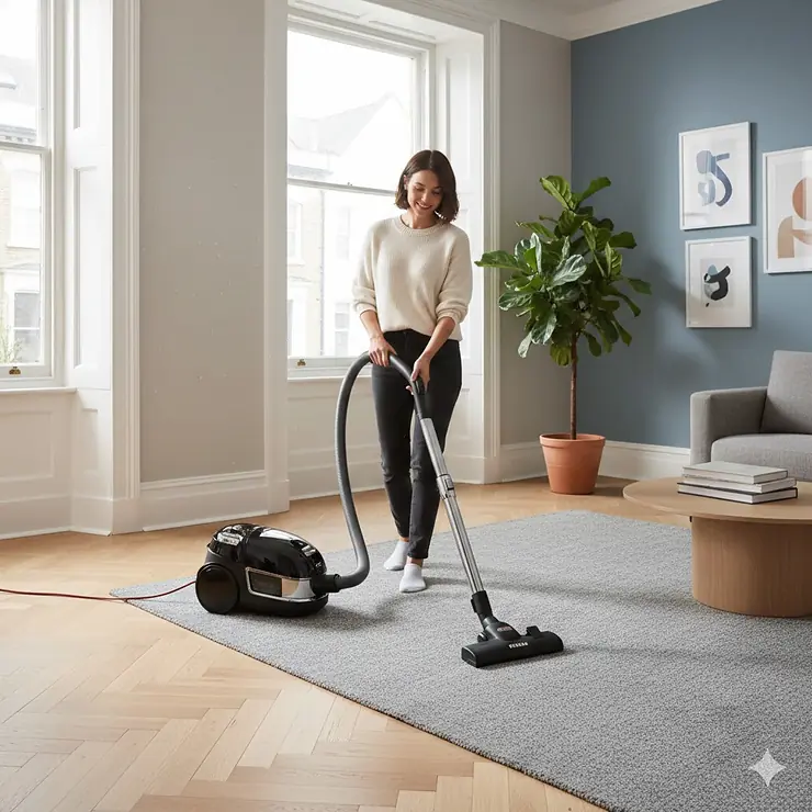 A photorealistic shot of a Miele vacuum cleaner being used in a modern British living room with natural light and oak flooring. Miele vacuums cleaner