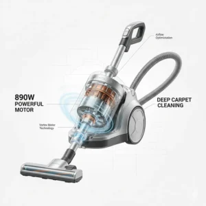 Close-up detail of a Miele vacuum cleaner showcasing its powerful suction capabilities on a thick grey carpet.