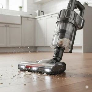 Alt text for image 2 (Suction): Close-up of a budget cordless vacuum head picking up cereal from a wooden kitchen floor, demonstrating powerful suction for under £150.