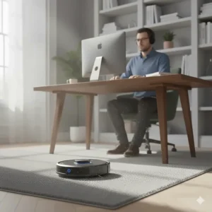 Alt text for image 9: A quiet robot vacuum cleaner operating in a home office while a professional works at a desk in the background.