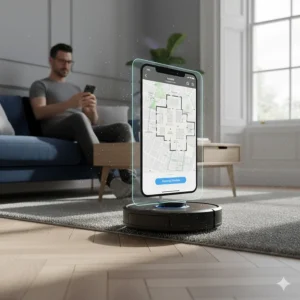 Alt text for image 3: A person using a mobile app to schedule a cleaning session for their robot hoover while sitting on a sofa.