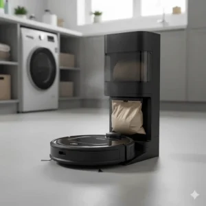 A Roomba robot vacuum docked at its automatic self-emptying station in a tidy utility room.