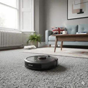 Low-profile Roomba robot vacuum sliding under a contemporary sofa to clean hard-to-reach areas.