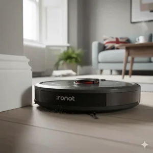 Roomba robot vacuum using its side brush to clean dust and lint along white skirting boards.
