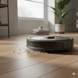 Roomba robot vacuum suctioning dust and debris from oak hardwood flooring in a hallway.