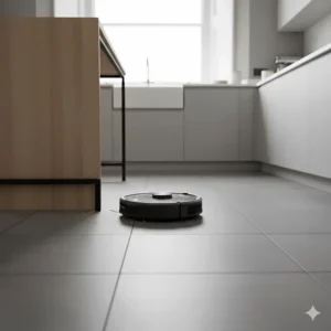 Roomba robot vacuum navigating a tiled kitchen floor around the base of a breakfast bar.