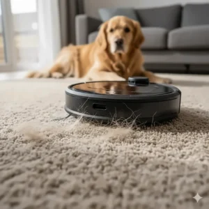 Close-up of a Roomba robot vacuum removing golden retriever hair from a thick pile rug.