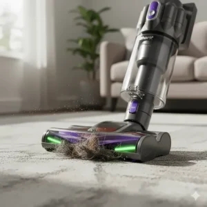 A photorealistic close-up of a vacuum floorhead tackling a bundle of hair on a carpeted floor, demonstrating anti-hair wrap features.