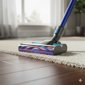 The DuoClean floorhead of a Shark vacuum transitioning from a wooden floor to a thick rug.