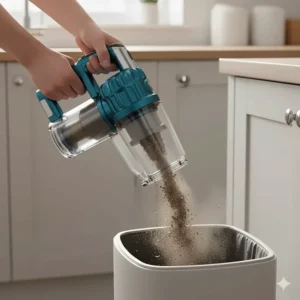 A person emptying the dust bin of a Shark cordless vacuum into a kitchen rubbish bin.