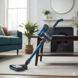 A Shark cordless vacuum with Flexology technology bending to reach under a coffee table.