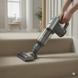 A Shark cordless vacuum converted into a lightweight handheld to clean carpeted stairs.