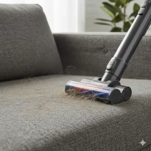 The motorised pet tool attachment on a Shark cordless vacuum removing dog hair from a fabric sofa.