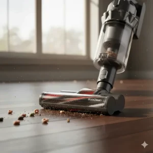 A cordless vacuum floorhead cleaning up cereal and debris from a dark wood floor, showcasing performance on hard flooring.