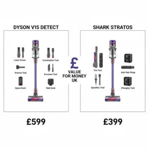 A value-for-money comparison graphic showing the price in Pounds Sterling and various attachments like the upholstery tool and crevice tool.
